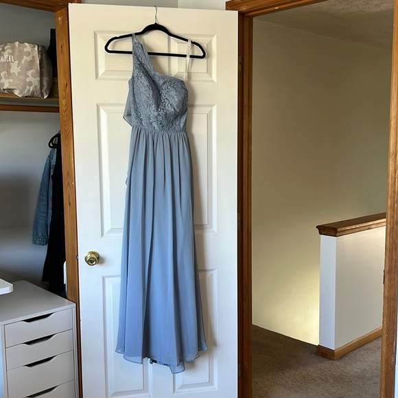 Azazie Crosby: A-Line Lace Chiffon Floor-Length Dress Dusty Blue - Picture 1 of 7